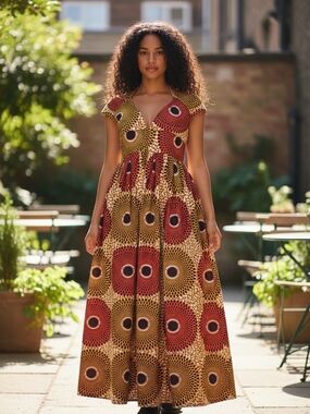 Cap-Sleeve African Print Maxi Dress in Red and Gold